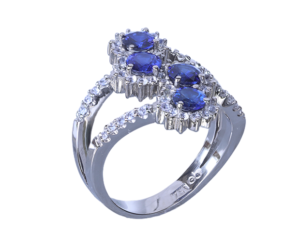 18KT WHITE GOLD RING SET WITH 04 BLUE SAPPHIRES AND 60 WHITE SAPPHIRES 